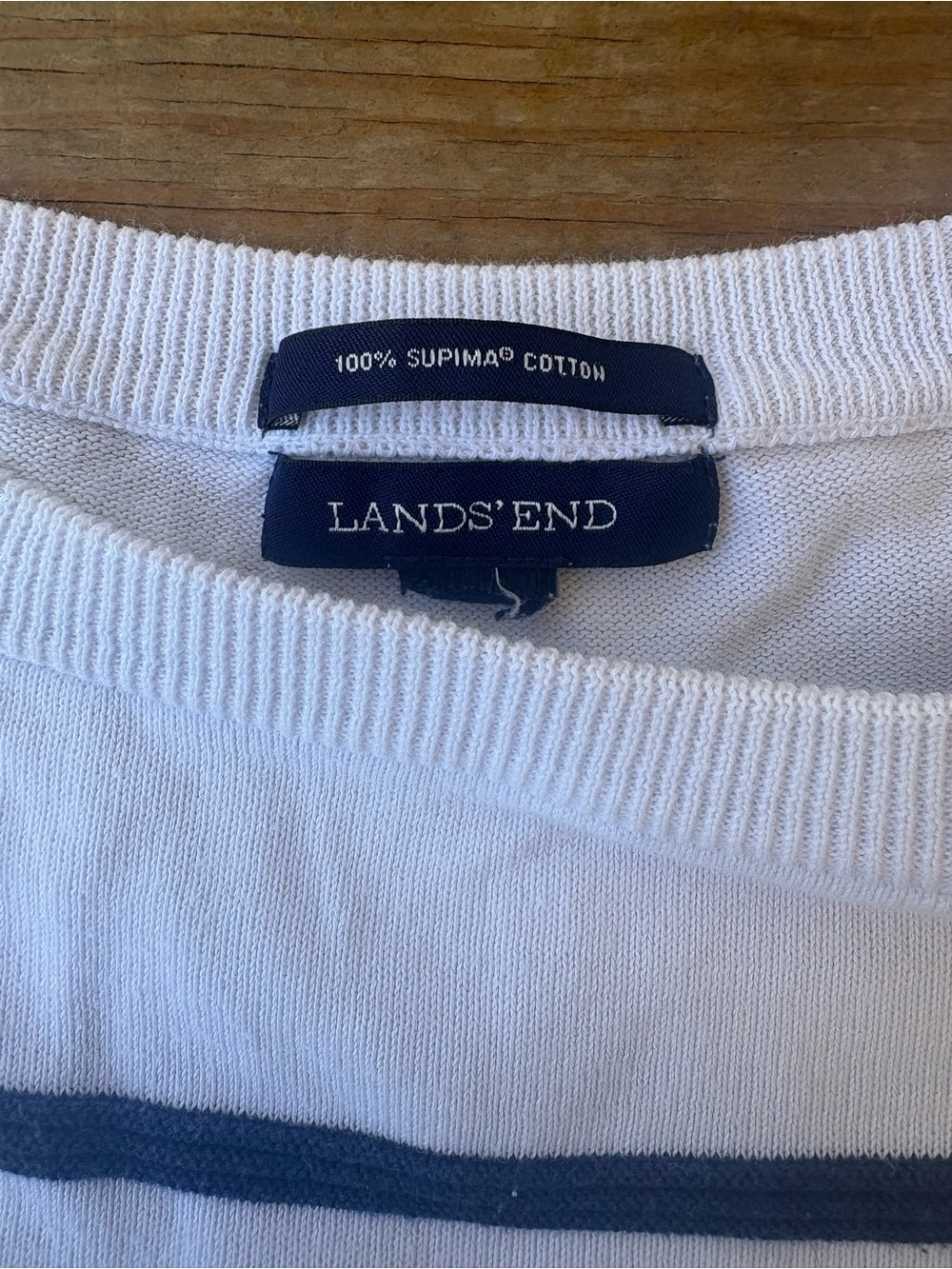 Lands' End White Crewneck Sweater with Navy Stripe
